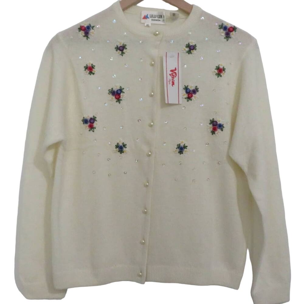 Lilly Luk Womens Sz M Cream Floral Sweater Lamb Wool Angora Blend Grannycore